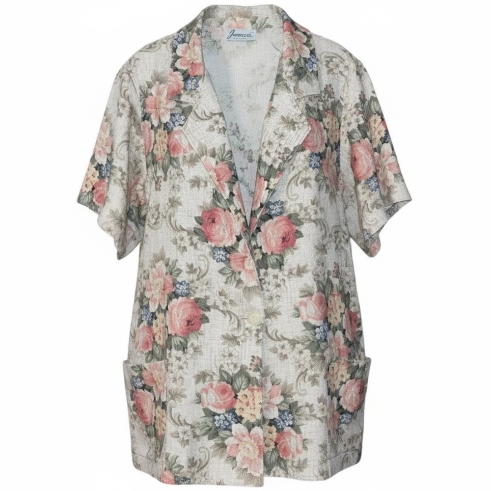 Vintage Joanna Floral Linen Short Sleeve Blazer Jacket Size 2X